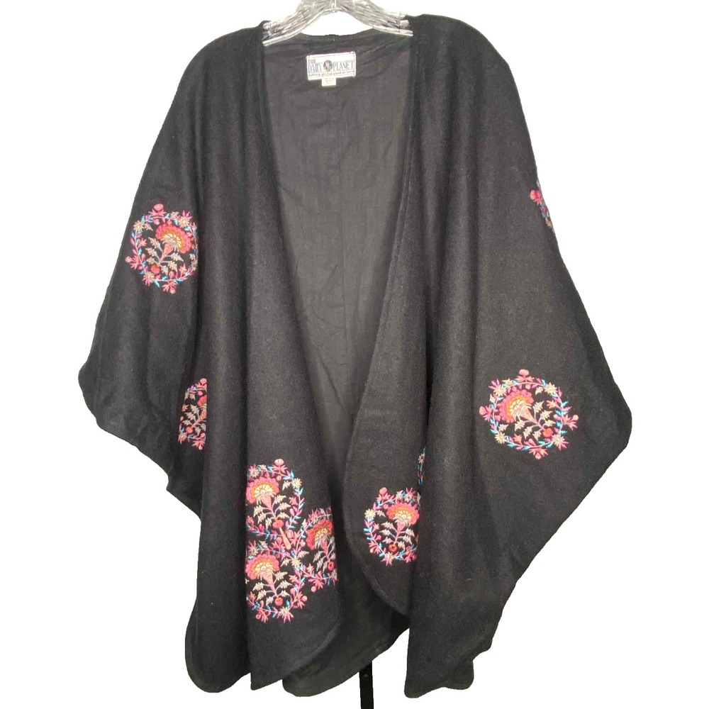 Vintage Daily Planet Embroidered Mid‎ Length Black Floral Cape Wrap wool Nepal